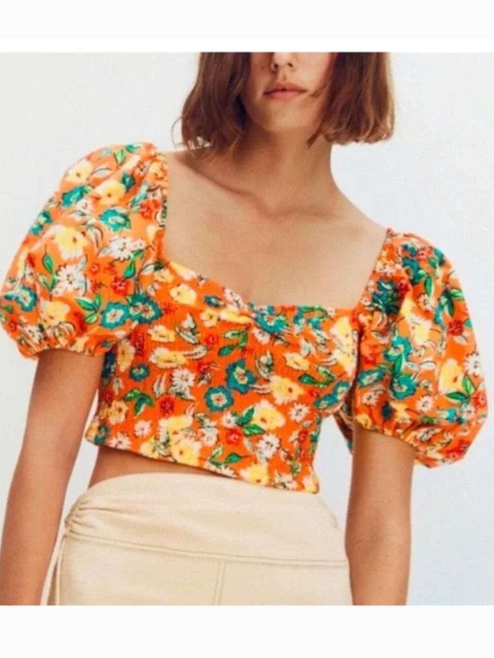 Zara Floral Smocked Puff Sleeve Crop Top Orange Multicolor Size S Cottagecore